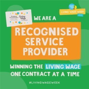 Green banner from Living Wage Foundation with text that says So Clean is a Recognised Service Provider this Living Wage Week